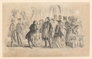 William Dorrit en een groep reizigers met koffers