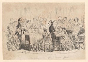William Dorrit spreekt een groep mensen rondom een tafel toe