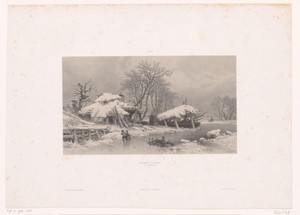 Winterlandschap met boerderij en kinderen op het ijs