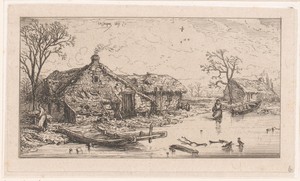 Winterlandschap met een boerderij aan een bevroren rivier