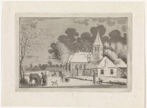 Winterlandschap met een kerk en een bevroren rivier