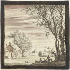 Winterlandschap met figuren op de oever