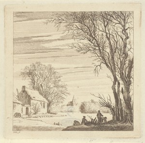 Winterlandschap met figuren op de oever