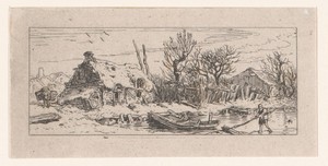 Winterlandschap met figuur op het ijs voor een huis