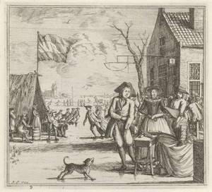 Winterlandschap met herberg en schaatsers