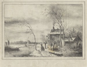 Winterlandschap met huis en sloot