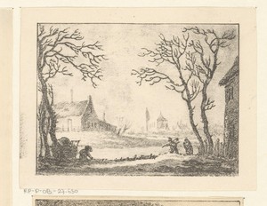 Winterlandschap met huizen en figuren