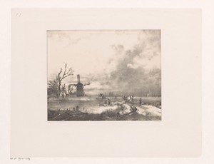 Winterlandschap met molen en figuren