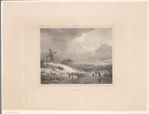 Winterlandschap met molen en schaatsers