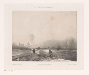 Winterlandschap met schaatsende figuren en molen