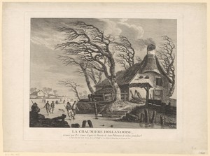 Winterlandschap met schaatsers bij een huis