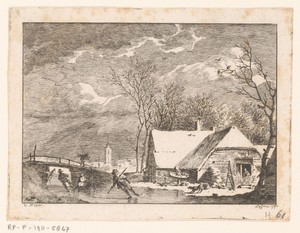 Winterlandschap met schaatsers voor een brug en een huis