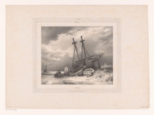 Winterlandschap met schip op het strand
