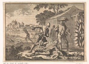 Wirich von Daun, graaf van Falkenstein, bij een watermolen door Spanjaarden vermoord,1598