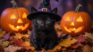 Witch Kitten in Leaves