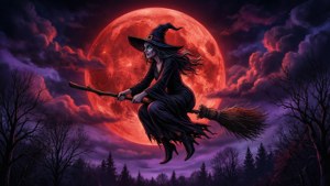 Witch Silhouette Against Blood Moon