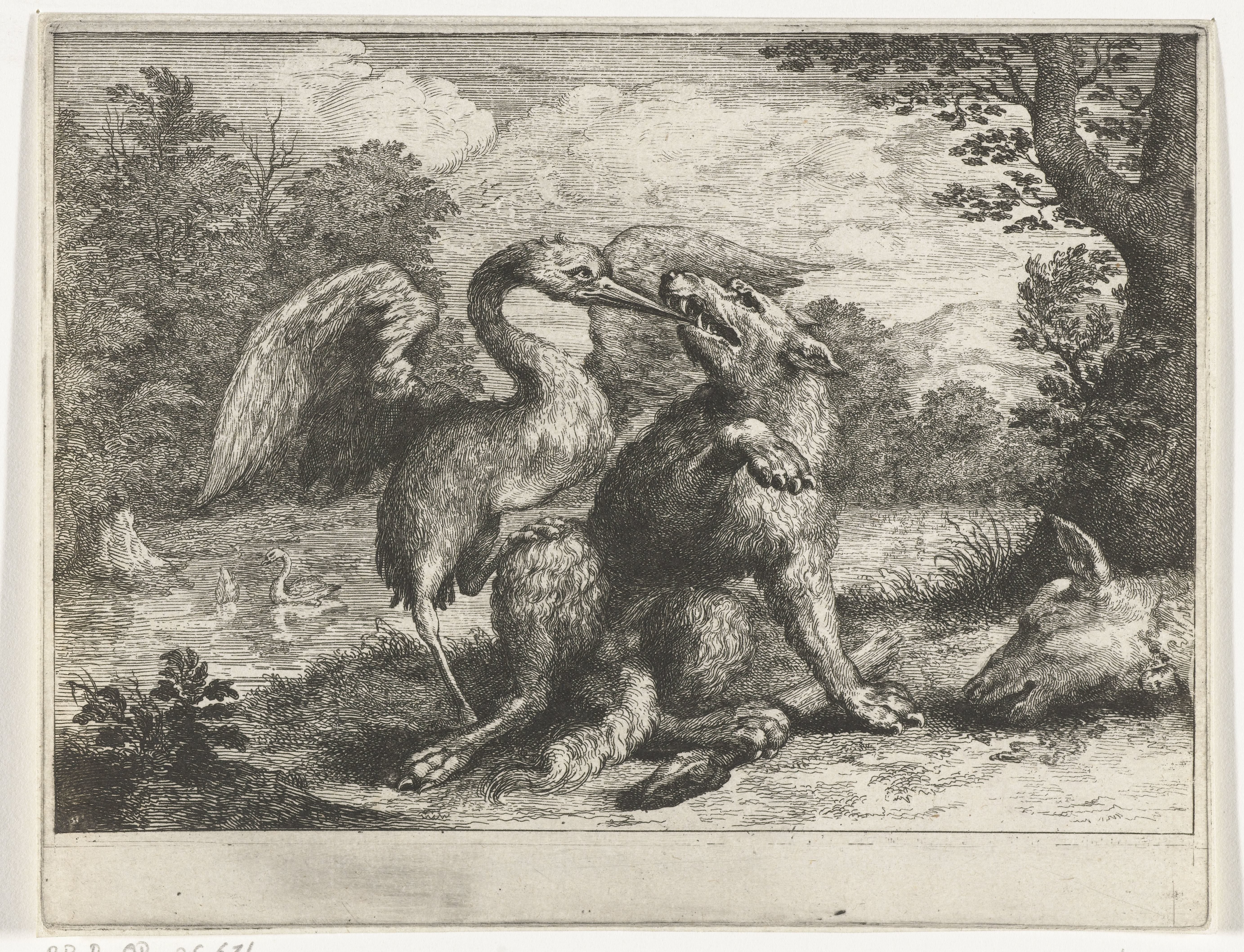 Wolf en kraanvogel by Abraham Bloteling