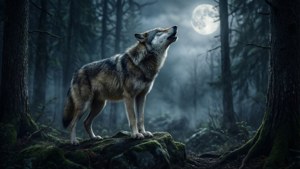Wolf Howling in Dark Forest