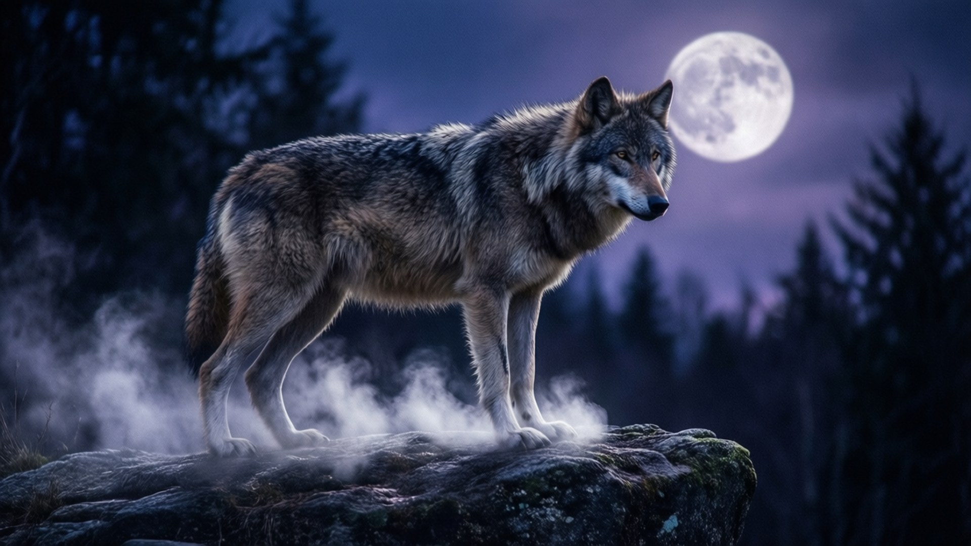 Wolf in the Misty Moonlight by Wallpapers.art Studio
