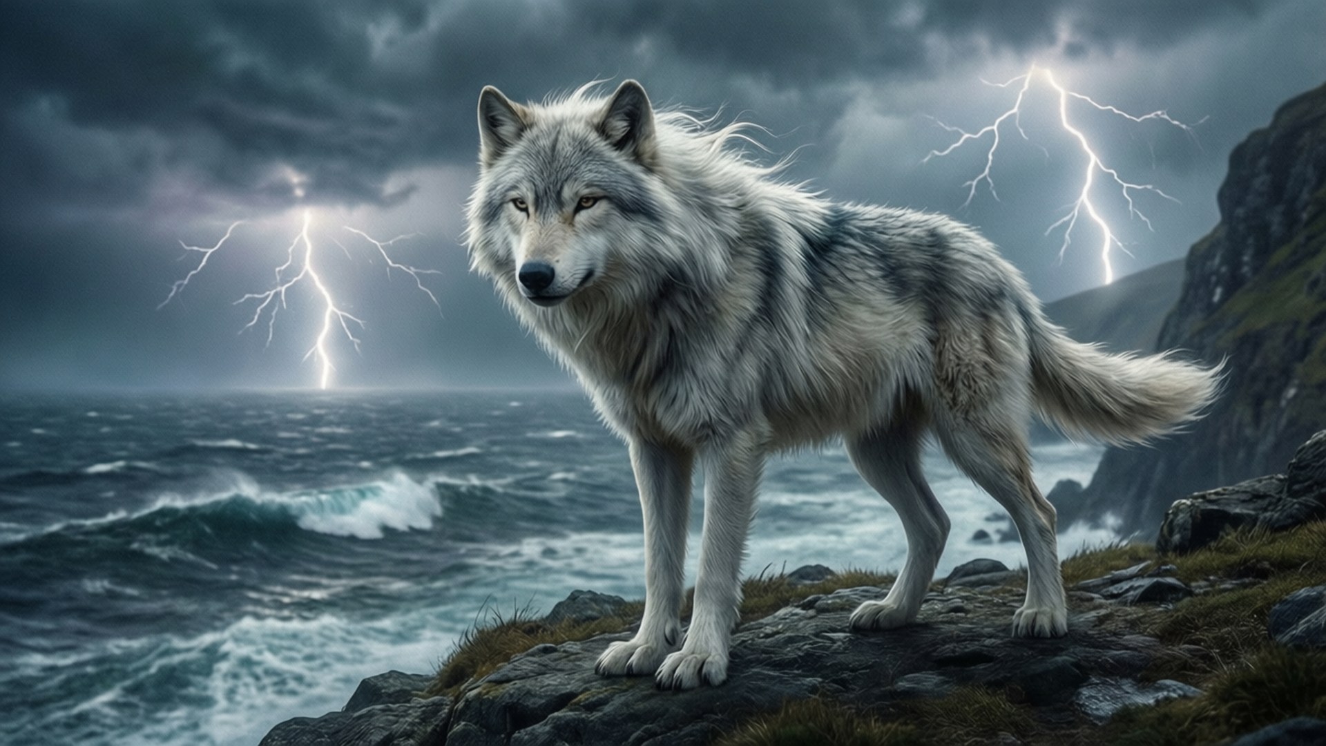 Wolf on the Stormy Cliff by Wallpapers.art Studio