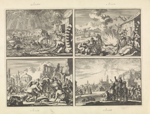 Wolkbreuk en overstroming te Bretzhofen in Frankenland, 1627 / Hongersnood in Duitsland, 1637 / Aardbeving te San Severo op Sicilië, 1627 / Plein te Cork waar de bewoners kijken naar de duizenden spreeuwen in de lucht, 1621