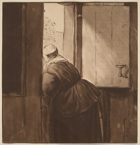 Woman Leaning over a Lower Door