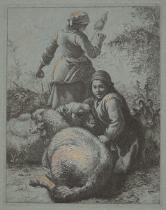 Woman Spinner and a Shepherd with Flock