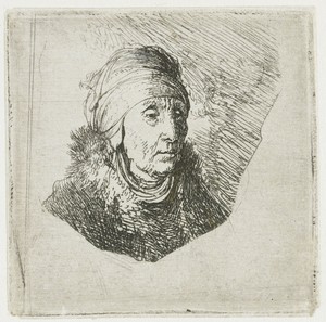 Woman with a high headdress wrapped around the chin: bust