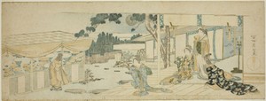 Women on the Veranda Looking at a Girl Picking Flower
