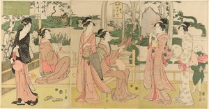 Women viewing dragon and tiger made of tobacco pouches