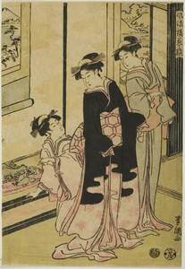 Women viewing miniature landscape, from the series "Furyu moro hanami uwari"