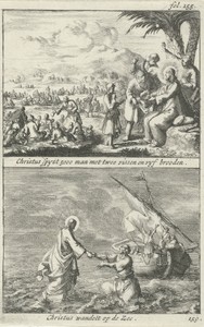 Wonderbaarlijke vermenigvuldiging van broden en vissen door Christus en Christus loopt over het water