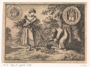 Wonderlijke verschijning van een oud mannetje aan een arm boerenmeisje, terwijl hij haar mand vult met zilveren munten, 1605