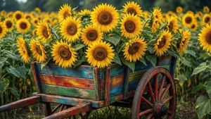 Wooden Cart Sunflowers