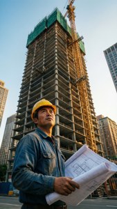 Worker Looking Up at Skyscraper