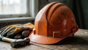 Worn Hard Hat on Table