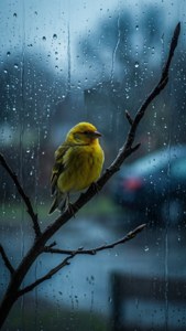 Yellow Bird at Rainy Window
