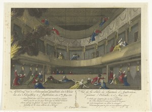 Zaal van de schouwburg aan de Keizersgracht te Amsterdam bij het uitbreken van de brand, 1772