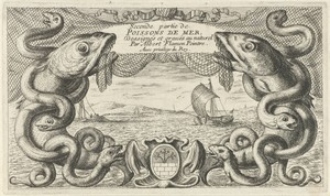 Zeegezicht met rand van zeedieren en een visnet
