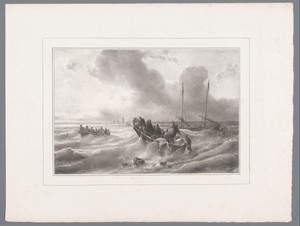 Zeegezicht met schip en sloepen