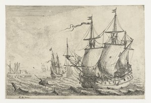 Zeegezicht met verschillende schepen bij een werf