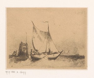 Zeegezicht met zeilboot en baken
