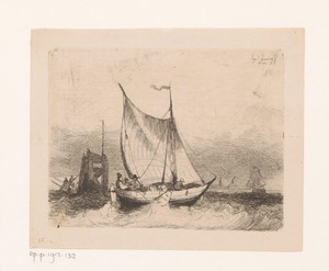 Zeegezicht met zeilboot en baken