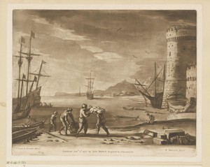 Zeehaven met figuren die koopwaar inladen op een roeiboot