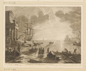 Zeehaven met klassiek gebouw en figuren aan wal, bij zonsondergang