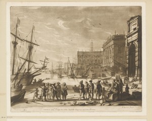 Zeehaven met markt aan wal en Renaissancistische gebouwen