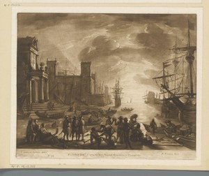 Zeehaven met ondergaande zon en veel figuren en gebouwen aan wal
