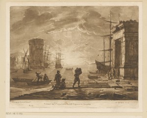 Zeehaven met Romeinse triomfboog, toren en ondergaande zon