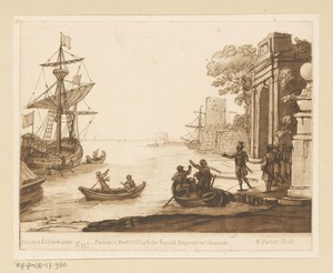Zeehaven met triomfboog en inscheping van een soldaat