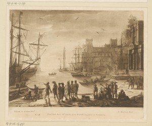 Zeehaven met veel figuren en twee gebouwen